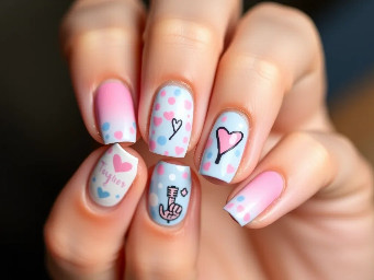 I'm trying to mock a Harry Styles manicure. I'm seeing him next Friday in New York City at MSG. His tour is called the "together together" tour and the album is called "disco occasionally, kiss all the time" and I'd like to do pink, blue and white as the color scheme . My shirt is light blue with a graphic that I'll include. I want to utilize my stamping plate too wth fun stamps from it