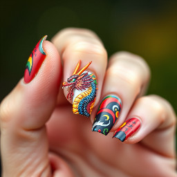 Nail with design of rainbow Chinese dragon with rainbow spikes