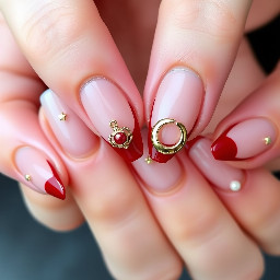 Nude pink base with medium‑to‑long nails in almond style. Blood‑red French tips outlined with metallic gold. Vivienne Westwood orb charms centered on the middle fingers and a gold crescent‑moon charm on each thumb. Tiny pearls and small shiny star accents scattered as delicate detailing across the nails.