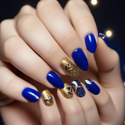 Royal blue nails, ring finger nail glittery gold with a heart that starts on the edge on one side and ends on the edge on the other side of the nail