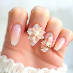 Elegant bridal nail set, short to medium almond shape. Sheer champagne milky base on all nails with a soft glossy finish. Color palette includes blush pink, sage green, warm bronze gold, and pearl accents.  Design should be cohesive, not all nails identical — 2–3 nails share similar designs with subtle variations.  Include:  One or two statement nails with a soft 3D or sculpted blush flower, translucent organza-style petals, pearl center with tiny crystals Several nails with delicate botanical vines, thin bronze/gold lines with sage green leaves, fine and airy Several nails with sheer layered blush petals, translucent and soft, mimicking fabric folds One or two minimal nails with small pearl clusters or single pearls  Style is romantic, airy, floral, inspired by embroidered wedding dress appliqué. Keep details delicate, not bold or graphic. Light, dimensional, soft luxury aesthetic.