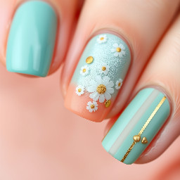 Thumb: Plain, solid no. design teal shimmer Pointer Finger: A soft, licoral base completely covered in tiny gold and teal hearts.Middle Finger: A lighter shimmery teal base decorated strictly with clean white daisies—no leaves or greenery.Ring Finger: A solid, full coat of smooth, metallic soft gold.Pinky Finger: A soft, coral base detailed with crisp vertical stripes and a couple of tiny scattered hearts .ring finger is a soft gold, pointer finger coral with. teal and gold .tiny hearts pinky is coral stripes bu als has s couple tiny heartsin gold an teal.