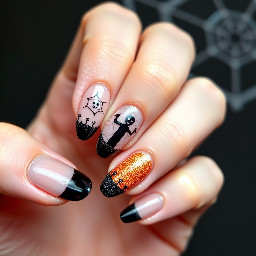 Short almond nail with a cute yet simple halloween themed design including at least 1 french tip, the color black, and sparkles