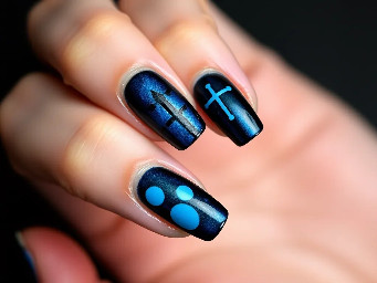 Diseño de uñas inspirado directamente en Kurt Wagner, Nightcrawler. La base combina azul intenso y negro, representando su piel y su estética característica. Algunas uñas llevan pequeñas marcas de humo o nubes azuladas, como referencia a la nube que aparece cuando Kurt se teletransporta.  En una de las uñas aparece una pequeña cruz roja, haciendo referencia a su fe y a la cruz que suele llevar Kurt. Otra puede tener una cola de demonio estilizada en azul, como detalle reconocible de su apariencia.  El diseño también incorpora pequeñas formas curvas y sombras que recuerdan al movimiento de su teletransportación y sus acrobacias, haciendo que las uñas tengan una sensación dinámica y juguetona. Todo se mantiene relativamente simple, pero cada detalle está pensado para representar a Nightcrawler y no ser solamente un diseño de colores.