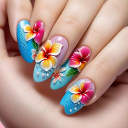medium-long almond nails, 1-2 nails have a bright colored 3d hibiscus flower with pearl in the middle, other nails are ocean/cruise themed, all bright colors and all different designs