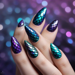 Close-up photo of medium length almond shaped nails, each nail uniquely designed with a deep ocean fantasy and dark villain theme. Color palette is dark tones featuring aqua, teal, and purple, with pearl shimmer. Each nail has a single distinct simple motif and at most three colors — one nail should be fully covered in iridescent fish scales. No silhouette or person. Clean linework and defined shapes, not abstract painting. Glossy finish. Each nail cohesive but unique. Realistic nail photography, wearable salon nail art.