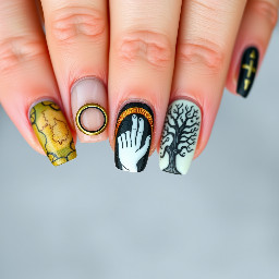 Can I have simple lotr nails where the pinky fingernail has part of the map and the ring fingernail has the one ring and the middle fingernail has a hobbit door and the pointer fingernail has the white hand of Saruman and the thumb fingernail has the Gondor tree pls
