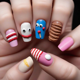 make acrylic short 3d art stranger thing nails  finger one demogorgon. finger two a baseball bat with nails.  finger three ice cream scoop in style of scoops ahoy. finger four eddies guitar.  five wsqk the squawk