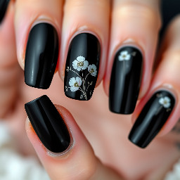 Elegant black nail design with a glossy or matte black base. Delicate floral details in white or soft pink, with thin, minimal linework. Subtle gold accents for contrast. Sophisticated, modern, and minimal