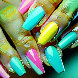 Medium lenght almond nails with the colors tiffany blue, pink and butter yellow. The nails should have a simple authentic desing