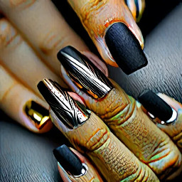 Coffin shaped Matte black nails with gold and silver accents