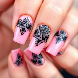 create square shaped medium lenght nails with a pink base colour and black lace in top