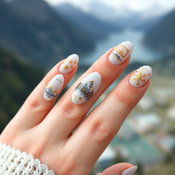 almond shape. color scheme pastels and gold. include mountain elements, swiss alp flower elements, maybe lake elements. (these are for my trip to switzerland). MOST IMPORTANT MAKE THEM CHIC