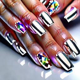 short French manicure in silver with a gemstone on every nail, the middle finger had no French but at least 6 gems of different sizes.