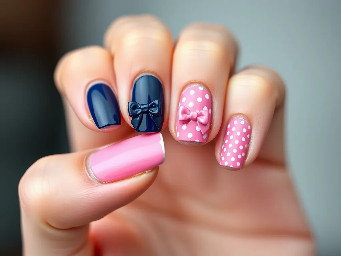 Mix and match design with navy blue and pink colours, with bows and polka dots