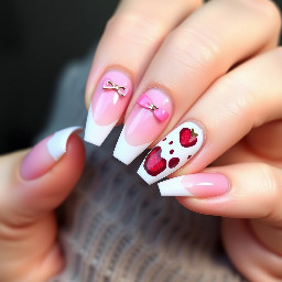 Coquette ballerina/coffin shaped nails with french tips and pink bow charms. Everything has to be pink vibes. One nail has a pink J on it and another a strawberry cow pattern