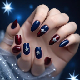 Navy blue nails with ring finger nail dark red with a sparkly star