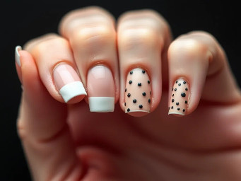 I want the thumb to be a white French tip and Same with the pointer finger middle finger white and same with pinky and the other finger to be nude with pooka dots