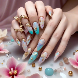 Prompt  Ultra-luxury couture nail art, long almond-shaped nails with a flawless high-gloss finish. A sophisticated blend of pearlescent chrome, translucent jelly layers, iridescent aurora shimmer, and delicate white marble veining accented with fine metallic gold foil. Each nail features a unique composition including hand-painted orchids, miniature butterflies, crystalline dew drops, floating holographic flakes, and tiny freshwater pearls. Soft blush pink fades seamlessly into milky ivory with hints of champagne and opal. Ultra-realistic lighting, professional salon quality, macro beauty photography, razor-sharp detail, elegant feminine luxury aesthetic, premium editorial fashion styling, award-winning nail competition design, perfectly manicured cuticles, luxury spa presentation, highly detailed textures, photorealistic, 8K, masterpiece.  Negative Prompt  blurry, low quality, cartoon, illustration, flat colors, poorly painted nails, deformed fingers, extra fingers, chipped polish, dirty nails, watermark, text, logo, oversaturated, unrealistic anatomy, duplicate nails, bad lighting, low resolution, noisy image.  Style Variations Quiet Luxury – nude beige, ivory chrome, gold micro-lines, subtle pearls. Mermaid Fantasy – aqua jelly, seashell chrome, pearls, holographic glitter. Dark Gothic – black obsidian chrome, silver filigree, roses, crystals. Cherry Blossom – pastel pink, sakura petals, soft glitter, delicate branches. Celestial – midnight blue, galaxies, moons, stars, silver chrome. Autumn Luxe – tortoiseshell, amber, bronze foil, maple leaves. Winter Ice Queen – icy blue chrome, snowflakes, crystal diamonds. Tropical Paradise – hibiscus flowers, turquoise marble, gold leaf, palm accents.