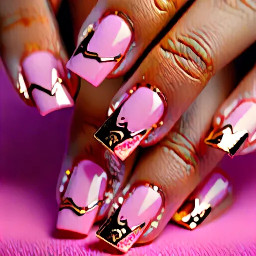can you create an AI image of some baby pink shimmer nails with abstract gold details on them please