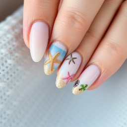 beachy nails simple but different designs for each nail, almond, med length