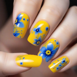 yellow nails with blue flowers on short nails. no french tip or nude base coat. easy flowers like dots