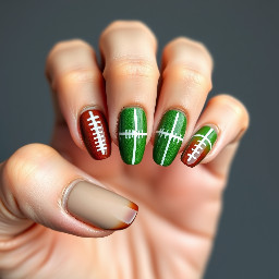 almound shape, glossy, brown,green,white,football,50yardline,field goal