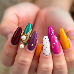 Ultra-realistic macro photography of two hands with long almond/stiletto-shaped nails, luxury colorful 3D gel manicure. Each nail a different jewel tone (burgundy, teal, mustard gold, plum, white, emerald, fuchsia, violet, orange, mustard yellow). Three nails (burgundy, plum, violet) feature a magnetic cat-eye effect with a diagonal satin sheen over a subtly glittery base, topped with a matte finish. Other nails feature 3D gold pearl clusters, a wrapped gold ring band in relief on two nails, delicate raised silver wire swirls on two nails, fine vertical stripes on three nails, white polka dots on emerald and burgundy polka dots on white, light marbling on the fuchsia nail. Glossy gel finish, soft studio lighting, blurred neutral background, professional nail art Instagram photo style, ultra high definition macro shot.