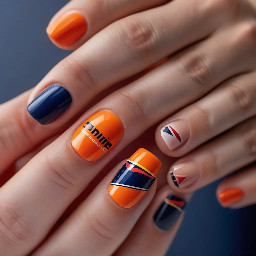 nail art, simple, short nails, f1, max verstappen, lando norris and kimi antonelli, no red, no dark blue, no orange. BASIC, F1