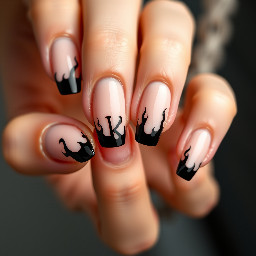 almond shaped acrylic nails with a nude base and black french tip flames with the letter k on the middle finger