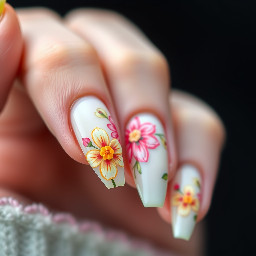 Almond nails that are pastel or neon colored with a flower pattern