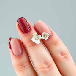 almond oval almond nails,maroon or natural colour, add some little silver pearls, flower on the ring finger
