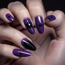 Extremely dark purple nails with a black star on the index finger