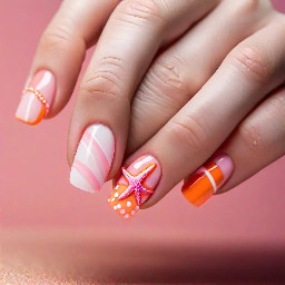 thumb light orange pointer finger light pink middle finger white french tip with pink and light pink starfish with dots ring finger light pink stripes pinky finger light orange