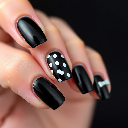 FIRST NAIL: Black French Tip SECOND NAIL: All Black Nail THRID NAIL: Black French Tip With White Polka Dots On The French Tip FOURTH NAIL: All Black With White Polka Dots FIFTH NAIL: Black French Tip With Small White Bow