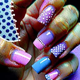 So I want my pinky finger on the left hand to be plain baby pink then I want the next finger to be a frilly French tip like the blue one above then I want the middle finger to be plain light purple then the index finger to be polka dotted with see through kinda skin tone base and pink polka dots and the thumb to be plain light blue. Then on on the right hand I want the thumb to be plain light purple then the index finger a light pink base with a honeybee like the one above with the flowers then I want the middle finger plain light blue and then I want the next finger I think it’s called ring finger I want that with a skin colour see through kinda base and blue polka dots then the pinky can be plain light pink