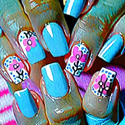 Nail set all nails are solid shades of light blue but each nail gets darker and darker as the nails go from the pink to the thumb. The middle finger on the left hand is light blue French tip and the middle finger on the right hand is several small doodle uwhite flowers. The nails are almond shaped but as short as possible like only a bit smaller than the length of natural nails.