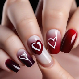 ombré base with on left ring finger add a small Z near the tip in dark red & on the right ring finger add a small heart in the same place