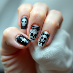 A natural base with black skull nails with black bows white stars