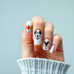 White French tip with Disney balloons on ring finger and Micky heads on middle finger