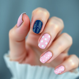 Mix and match design with navy blue and pink colours, with bows and polka dots