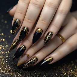 Pointy long black nails with gold glitter and embellishments