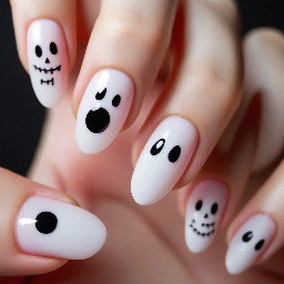 I'm designing my Halloween nails. I want a pinky-neutral base, almost a jelly nail look, extremely short almond nail and a very small, easy to do cute cartoon ghost on my ring finger. Can you show me what that may look like?