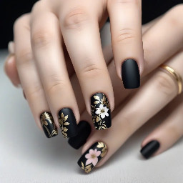 Elegant black nail design with a glossy or matte black base. Delicate floral details in white or soft pink, with thin, minimal linework. Subtle gold accents for contrast. Sophisticated, modern, and minimal