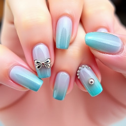 LEFT HAND: left pinky: fully torquoise catseye, left ring finger: gradient french tip in torquoise catseye with a metallic bow in the middle, left middle finger: fully torquoise catseye with a metallic heart in the middle, left Pointer finger: french tip in torquoise catseye with a metallic bethleham star int he centre of the nail, left thumb: Slanted to the left gradient french tip in torquoise catseye with metallic pearls following the end of the gradient. RIGHT HAND: right thumb: slanted to the right gradient french tip in torquoise catseye, right pointer finger: torquoise catseye french tip with metallic pearls following the inside line of the smooth end of the french tip, right middle finger: fully torquoise catseye with a metallic heart in the middle, right ring finger: french ti[ in torquoise catseye with a metallic 4 sided star in the centre of the nail, right pinky: fully torquoise catseye with a metallic bow in the middle.