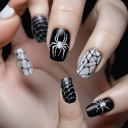 witchy nails, black and white, spider webs, letter k on one finger