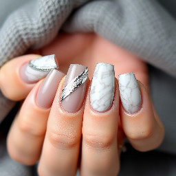 Hi! I want a customized, high-end "cool-toned gray and metallic silver" nail art set with a mix-and-match layout. Please follow these specific instructions:  1. Base Color & Texture:  Please use a sheer, translucent taupe gray / jelly gray for the base. I want it to be see-through and airy (please mix it with clear gel base if needed). No solid, opaque grays.  2. Cat-Eye Technique (Thumbs & Middle Fingers):  Apply a bright silver crystal/velvet cat-eye gel over the sheer gray base.  Use the magnet to pull the shimmer into a sharp, clean diagonal velvet line across the nail. I want it to look like a crisp beam of light.  3. Liquid Metal & Hidden Logo (Index Fingers):  Keep the base clear or very sheer. Use a 3D building gel to draw raised, organic, melting liquid-metal lines, then rub silver chrome powder over them so they look like melted mercury.  Crucial Detail: Please make the metal lines on one finger subtly form a very abstract, deconstructed BTS door logo (two parallel geometric lines). It should look like random modern art, not an obvious logo.  4. Silk Marble & Hidden Code (Ring Fingers):  Do a very soft, blurry smudge/smoky marble effect blending milky white and sheer gray to look like floating silk or mist.  Crucial Detail: Inside the marble veins, use a micro-detail liner brush with metallic silver paint to hide a tiny, abstract number "7". Make it look like part of the marble pattern so it is hidden.  5. Finish (Pinkies & Top Coat):  On the pinkies, just do the sheer gray base with a super thin, micro-French tip using silver chrome.  Please finish all nails with a high-gloss, ultra-shiny top coat to make the silver elements and cat-eye pop.