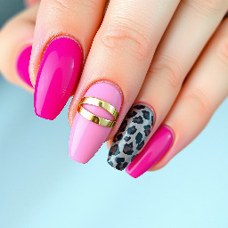 medium length almond nails. I want hot pink to be the main color and for there to be gold accents. I like the nails that have almost like rings on part of the nail and i like cheetah print