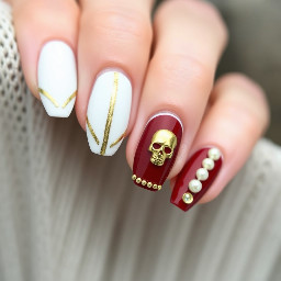 alomnd shaped nails,  🏴‍☠️ The Sleek Pirate Blueprint (Updated)  • Thumb: The Clean Quartz 	• Base: Smooth, full-cover milky white. 	• Design: A very fine, elegant 3D molten gold line tracing tightly around the cuticle and sides, exactly like the delicate framing in your first inspo picture. No center clutter. • Pointer: The Ultimate Gilded French 	• Base: A classic, natural pinky nude base tone. 	• Design: A clean burgundy red French tip with a single crisp white vertical line cutting straight down the center from cuticle to tip. 	• The Bands: Right along the smile line where the red meets the nude, build a raised, textured 3D gold band running horizontally across. Directly underneath that gold band, lay down a tight row of tiny gold micro-beads to create a tiered, regal effect. • Middle: The Captain's Crypt 	• Base: Deep, moody burgundy red. 	• Design: Your statement accent nail! Feature a 3D gold skull charm sitting centrally over the red base, exactly like the second inspo picture. • Ring: The Simple French 	• Base: A classic, natural pinky nude base tone. 	• Design: Keep it grounded and elegant. A simple, clean burgundy red French tip with a neat row of the small gold beads lining the bottom edge of the French tip. No extra lines or heavy 3D bands here to give the hand a "simple" breathing space. • Pinky: The Pearl Strand 	• Base: Deep, moody burgundy red. 	• Design: Accentuate the deep red base by placing a neat row of dainty micro-pearls aligned right along the cuticle curve or running vertically down the center.