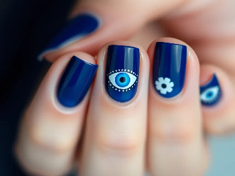 I want navy blue color minimal on all . Evil eye theme at least one of them has it. Add flowers of gel. Add details with silver lines or dots